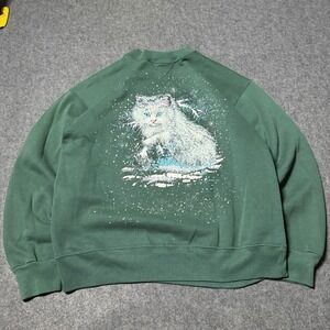 VTG 1991 Signal Sports Womens Cat Puff Print Crewneck Size L Indie Grandma Core